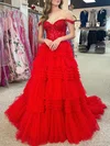 Ball Gown/Princess Off-the-shoulder Tulle Sweep Train Prom Dresses With Beading #Milly020120230