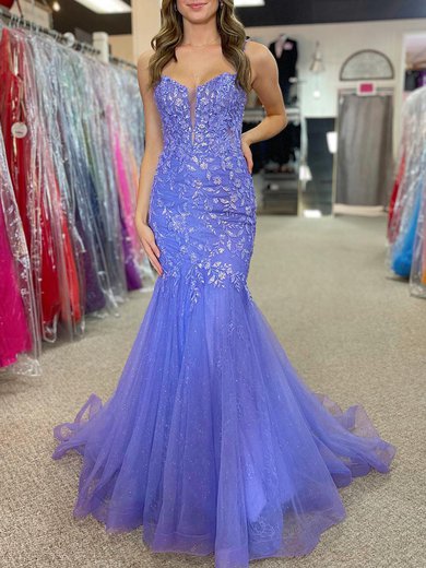 Trumpet/Mermaid V-neck Tulle Glitter Sweep Train Prom Dresses With Appliques Lace #Milly020120232