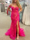 Trumpet/Mermaid Off-the-shoulder Sequined Sweep Train Prom Dresses With Appliques Lace #Milly020120234