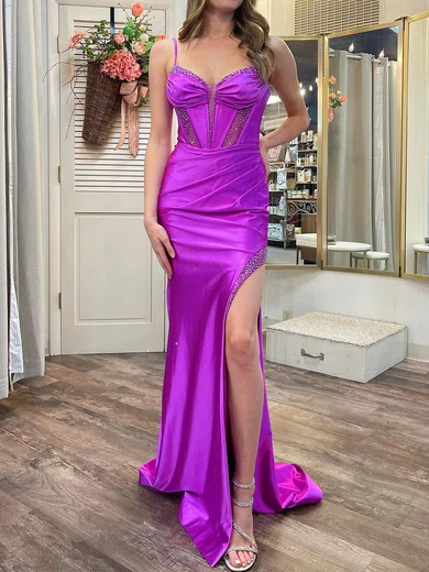 Mermaid V-neck Satin Backless Corset Prom Dresses With Beading #Milly020120249