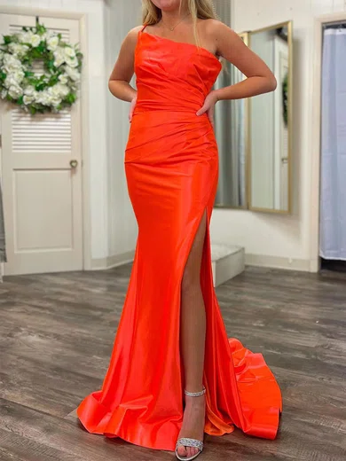 Mermaid One Shoulder Satin Prom Dresses With Ruched #Milly020120255