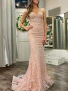Trumpet/Mermaid Sweetheart Tulle Sweep Train Prom Dresses With Appliques Lace #Milly020120259