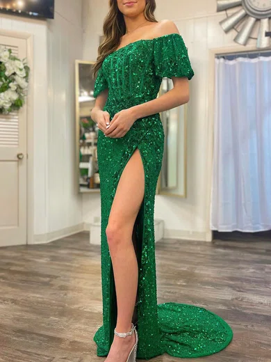Sheath/Column Off-the-shoulder Sparkly Velvet Sequin Prom Dresses #Milly020120262