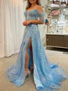 Ball Gown/Princess V-neck Sequined Sweep Train Prom Dresses With Appliques Lace #Milly020120268