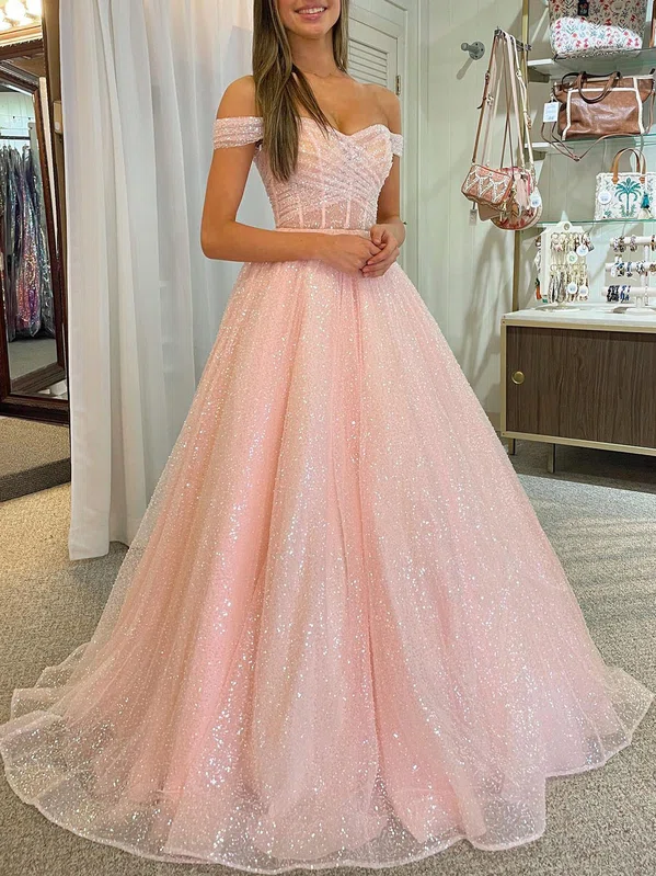Ball Gown/Princess Off-the-shoulder Glitter Sweep Train Prom Dresses With Ruched #Milly020120269