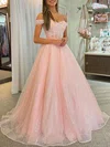 Ball Gown/Princess Off-the-shoulder Glitter Sweep Train Prom Dresses With Ruched #Milly020120269