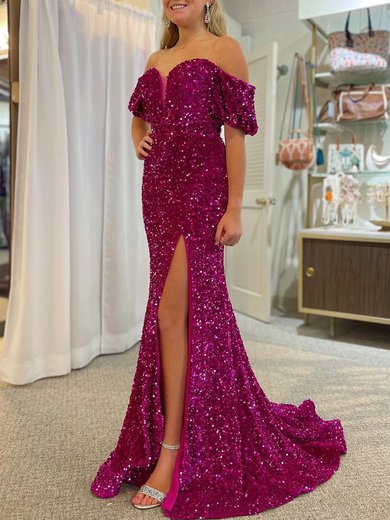 Trumpet/Mermaid Off-the-shoulder Velvet Sequins Sweep Train Prom Dresses With Split Front #Milly020120274