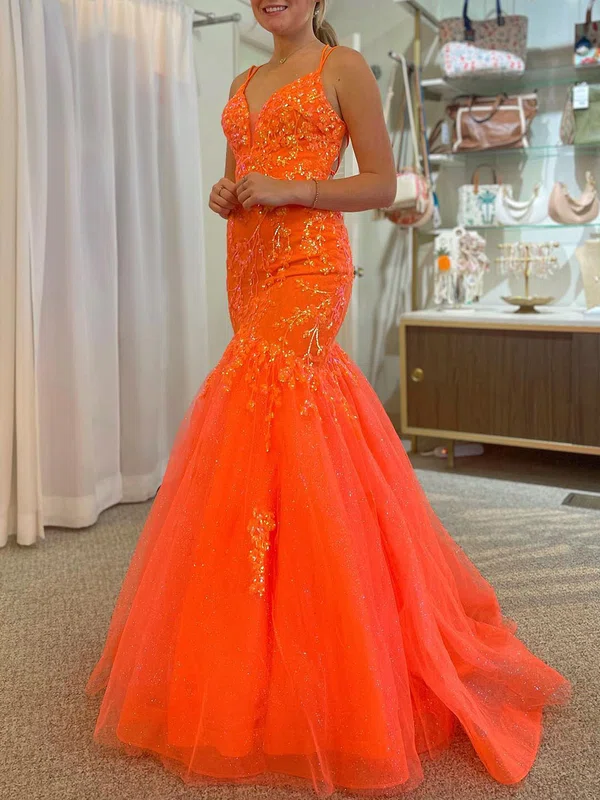 Trumpet/Mermaid V-neck Tulle Glitter Sweep Train Prom Dresses With Appliques Lace #Milly020120275