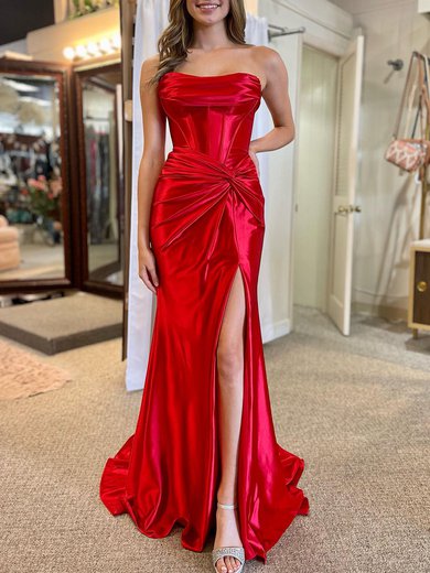 Trumpet/Mermaid Cowl Neck Silk-like Satin Sweep Train Prom Dresses With Split Front S020120287