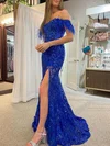 Trumpet/Mermaid Off-the-shoulder Sequined Sweep Train Prom Dresses With Feathers / Fur #Milly020120288