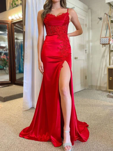 Mermaid V-neck Satin Corset Prom Dresses With Appliques #Milly020120293