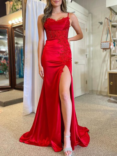 Trumpet/Mermaid V-neck Silk-like Satin Sweep Train Prom Dresses With Appliques Lace S020120293