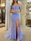 Trumpet/Mermaid Off-the-shoulder Tulle Glitter Sweep Train Prom Dresses With Appliques Lace #Milly020120295