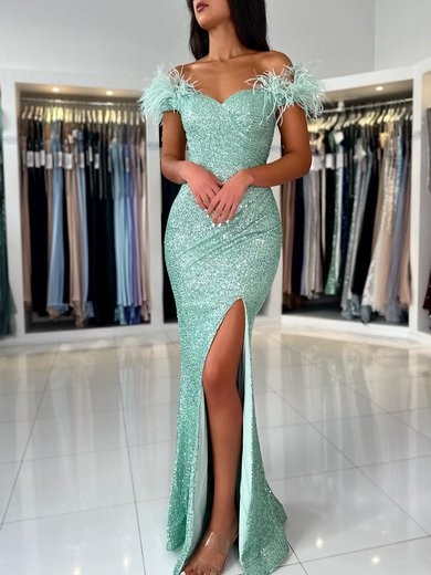 Sheath/Column Off-the-shoulder Sequined Floor-length Prom Dresses With Feathers / Fur #Milly020119523