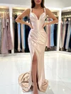 Trumpet/Mermaid V-neck Silk-like Satin Sweep Train Prom Dresses With Ruched #Milly020119524