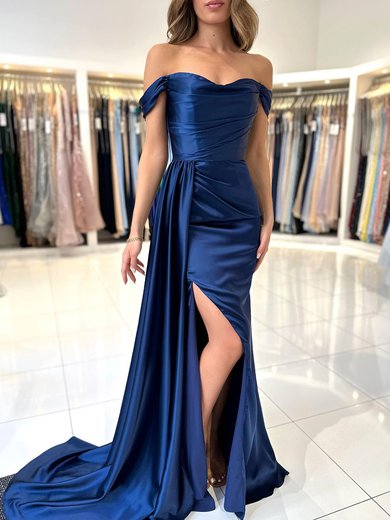 Sheath/Column Off-the-shoulder Silk-like Satin Sweep Train Prom Dresses With Ruched #Milly020119525