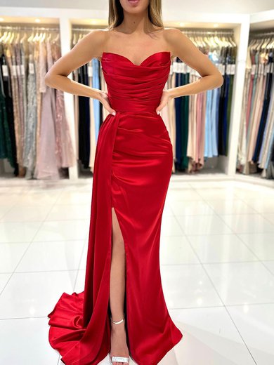 Sheath/Column Straight Silk-like Satin Floor-length Prom Dresses With Ruched #Milly020119529