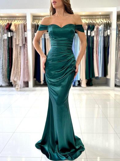 Sheath/Column Off-the-shoulder Silk-like Satin Sweep Train Prom Dresses With Ruched #Milly020119533