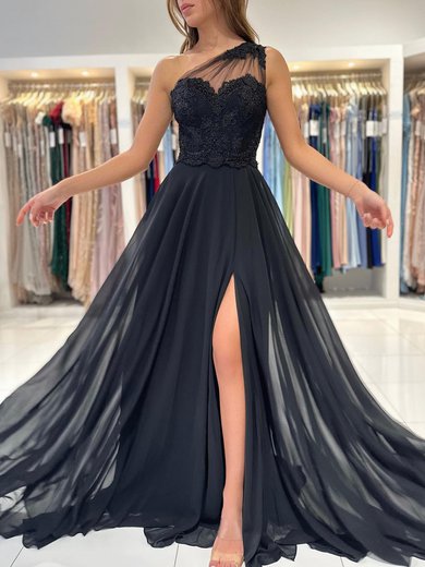 A-line One Shoulder Chiffon Sweep Train Prom Dresses With Beading #Milly020119534