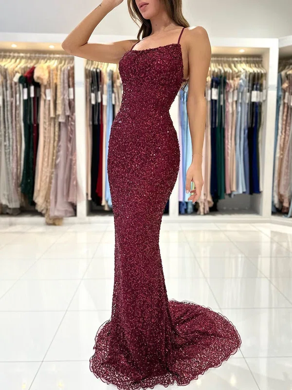 Sheath/Column Square Neckline Sequined Sweep Train Prom Dresses #Milly020119536