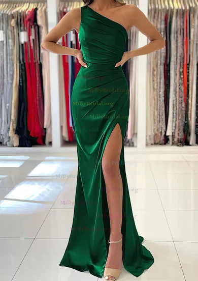Ruched Trumpet Mermaid Dark Green Satin Prom Dress With Slit Ruched Trumpet Mermaid Dark Green Satin Prom Dress With Slit