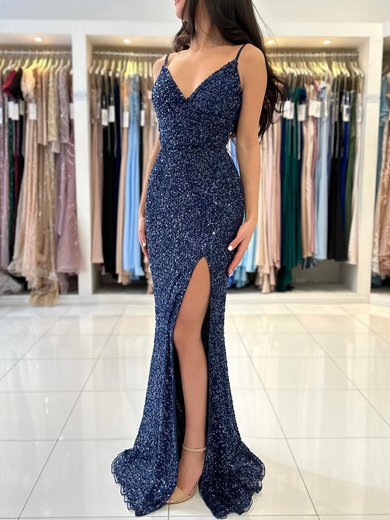 Trumpet/Mermaid V-neck Sequined Sweep Train Prom Dresses With Split Front #Milly020119540