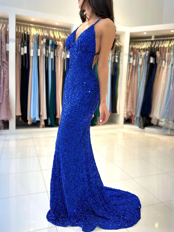 Trumpet/Mermaid V-neck Sequined Sweep Train Prom Dresses #Milly020119543