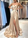 A-line Sweetheart Silk-like Satin Sweep Train Prom Dresses With Ruched #Milly020119544