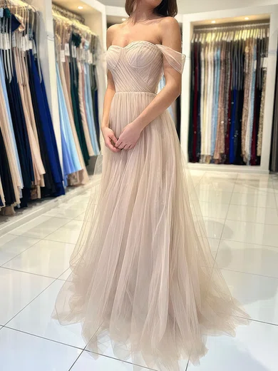 Ball Gown Off-the-shoulder Tulle Prom Dresses With Ruched #Milly020119545