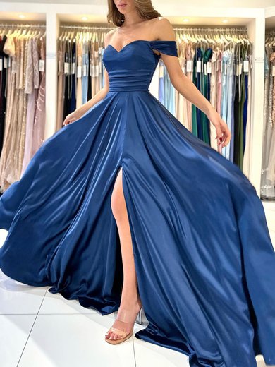 A-line Off-the-shoulder Silk-like Satin Sweep Train Prom Dresses With Ruched #Milly020119546