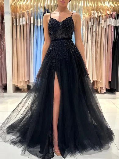 Black Ball Gown V-neck Tulle Prom Dresses With Beading #Milly020119548