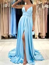 A-line V-neck Silk-like Satin Sweep Train Prom Dresses With Split Front #Milly020119550