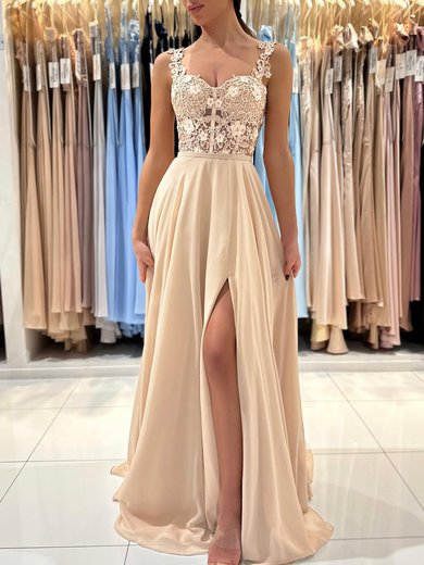A-line Sweetheart Chiffon Sweep Train Prom Dresses With Appliques Lace #Milly020119551