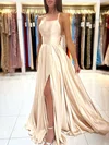 A-line Square Neckline Silk-like Satin Sweep Train Prom Dresses With Split Front #Milly020119555