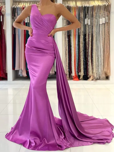 Mermaid One Shoulder Satin Prom Dresses With Ruched #Milly020119556