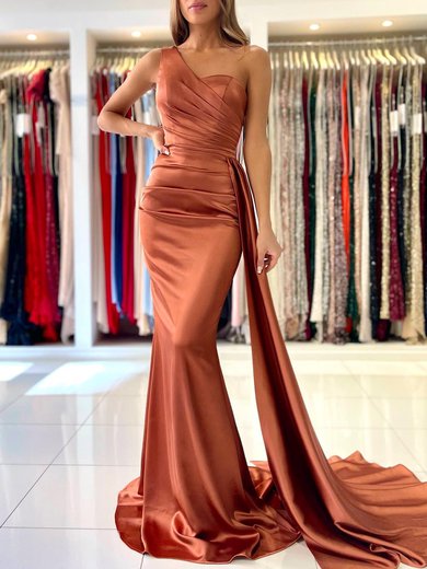 Trumpet/Mermaid One Shoulder Silk-like Satin Sweep Train Prom Dresses With Ruched #Milly020119556