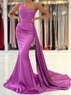 Trumpet/Mermaid One Shoulder Silk-like Satin Sweep Train Prom Dresses With Ruched #Milly020119556