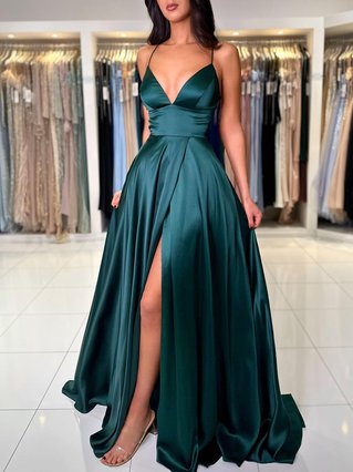 A-line Square Neckline Silk-like Satin Sweep Train Split Front Prom ...