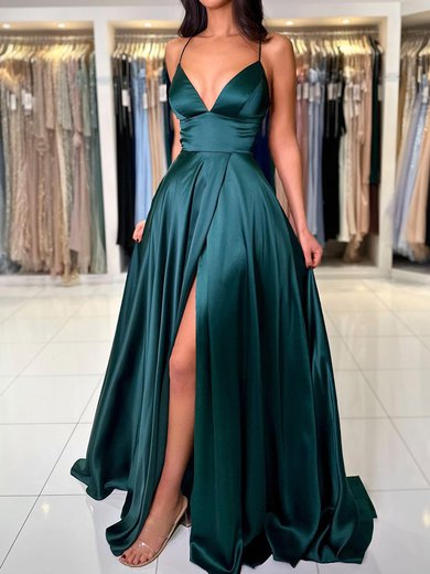 A-line V-neck Satin Prom Dresses With Ruched #Milly020119557