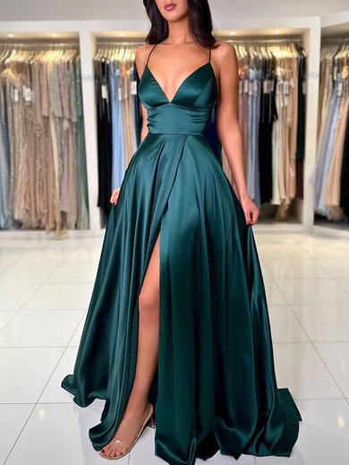 A-line V-neck Silk-like Satin Sweep Train Prom Dresses With Split Front #Milly020119557