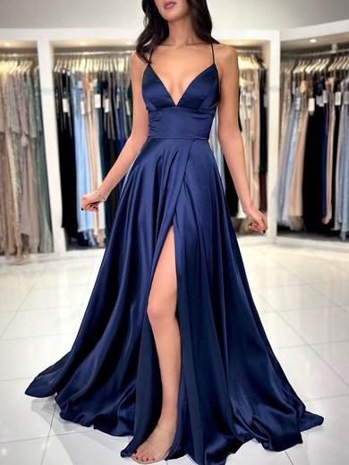 A-line V-neck Silk-like Satin Sweep Train Prom Dresses With Split Front #Milly020119558