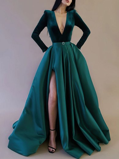 Ball Gown/Princess V-neck Satin Velvet Floor-length Formal Dresses PT020119274