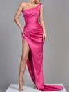 Sheath/Column One Shoulder Silk-like Satin Sweep Train Prom Dresses With Ruched #Milly020119285
