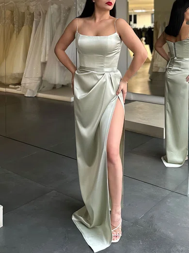Sheath/Column Square Neckline Satin Sweep Train Formal Dresses PT020119303