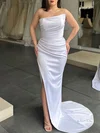 Sheath/Column Straight Silk-like Satin Sweep Train Prom Dresses With Ruched #Milly020119307