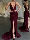 Trumpet/Mermaid V-neck Shimmer Crepe Sweep Train Prom Dresses With Split Front #Milly020119316