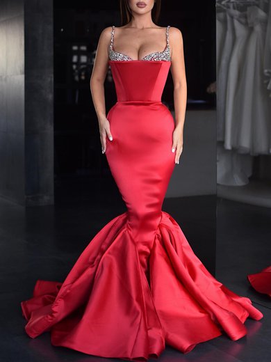 Trumpet/Mermaid V-neck Satin Sweep Train Formal Dresses With Crystal Detailing PT020119331