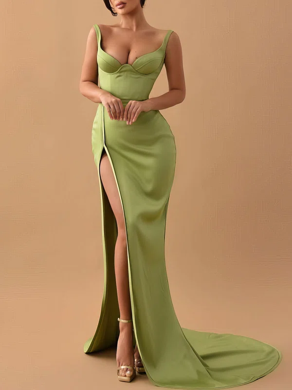 Trumpet/Mermaid V-neck Silk-like Satin Sweep Train Prom Dresses With Split Front #Milly020119353