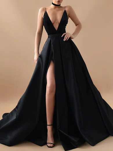 Ball Gown/Princess V-neck Satin Court Train Formal Dresses With Split Front PT020119354