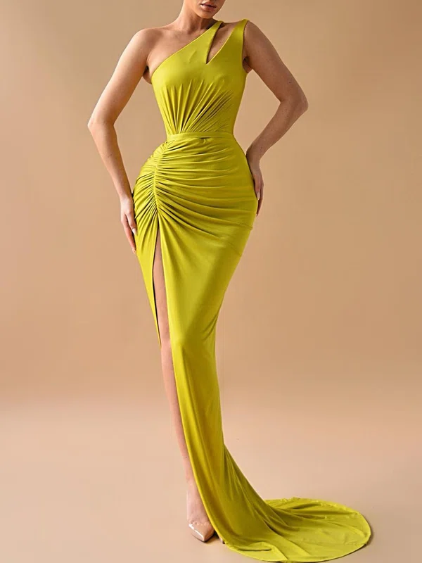 Sheath/Column One Shoulder Jersey Sweep Train Prom Dresses With Ruched #Milly020119362
